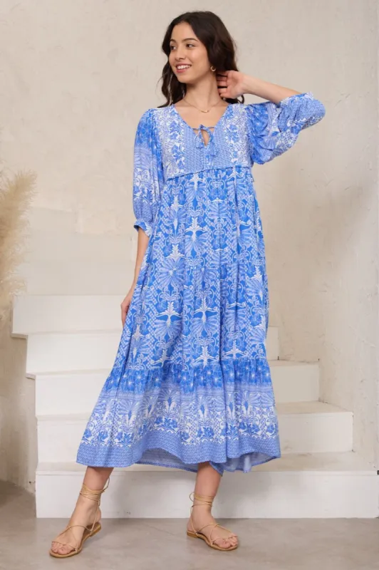 Gloria Maxi Dress: Tiered Smock Dress in Melina Print sold by Salty Crush