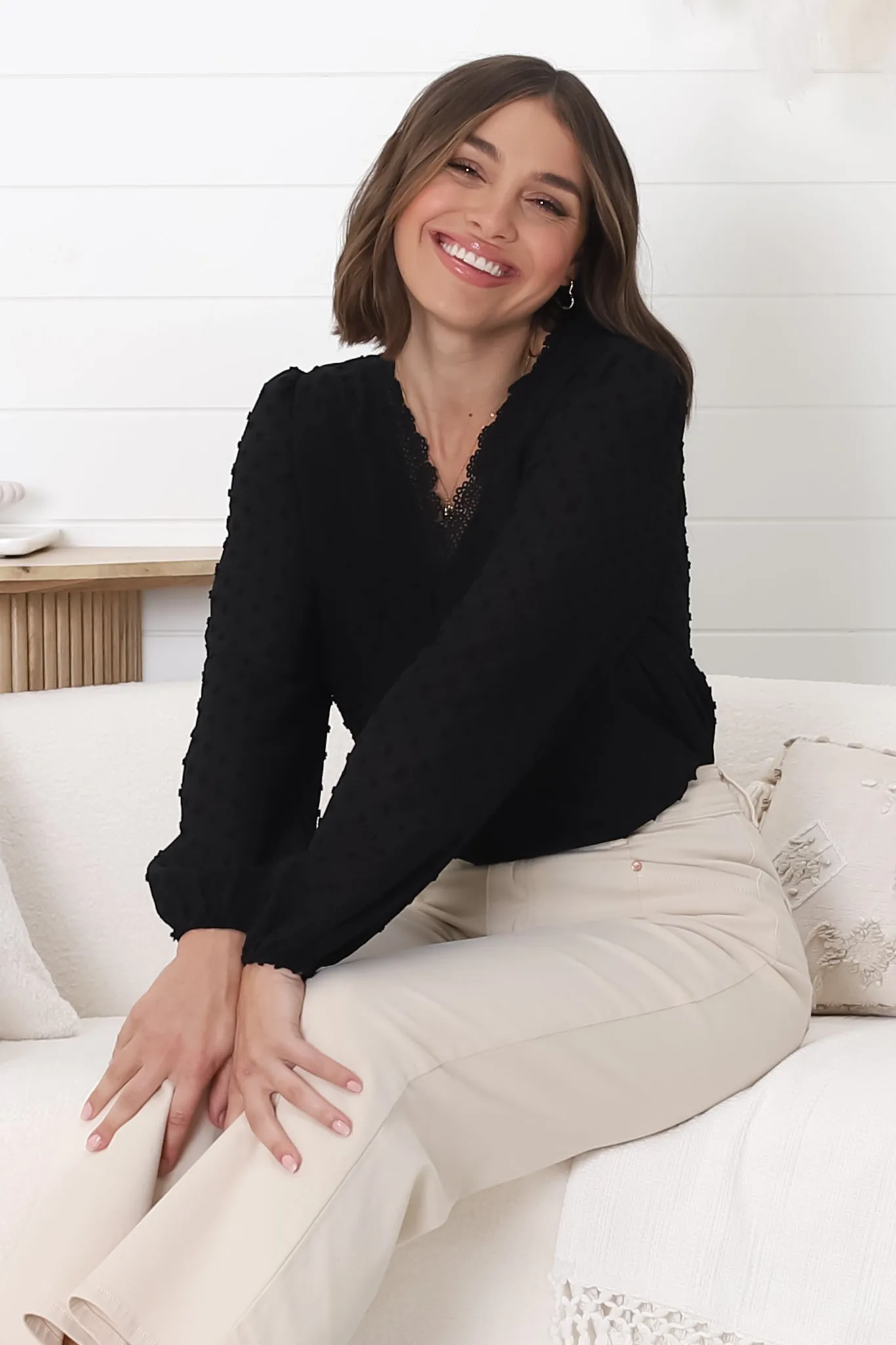 Imogen Blouse - V Neck Lace Trim Pull Over Blouse in Black sold by Salty Crush product image thumbnail 3