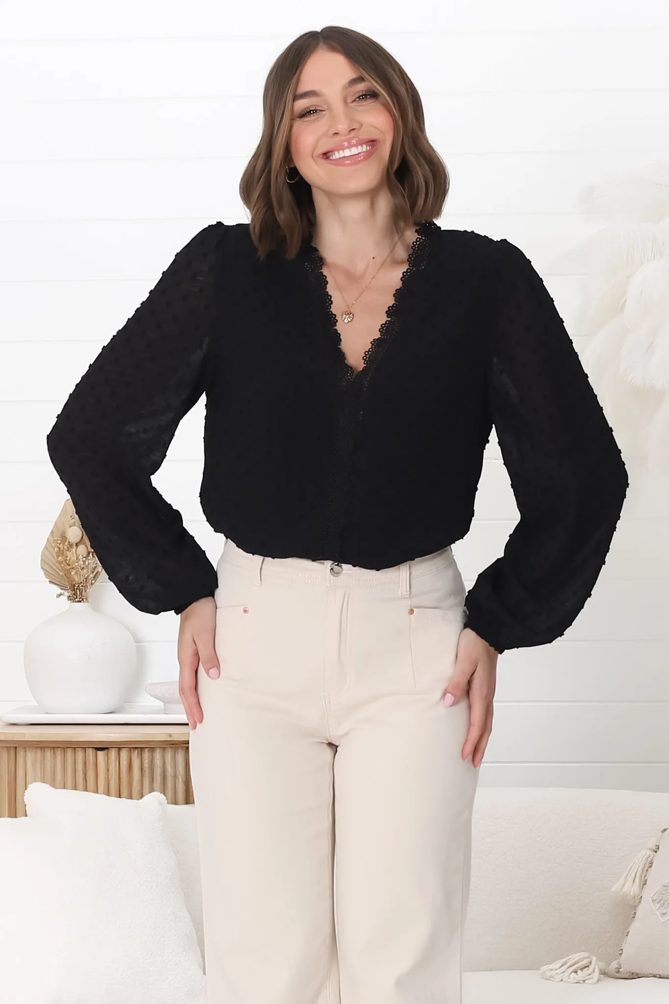 Imogen Blouse - V Neck Lace Trim Pull Over Blouse in Black sold by Salty Crush product image thumbnail 4