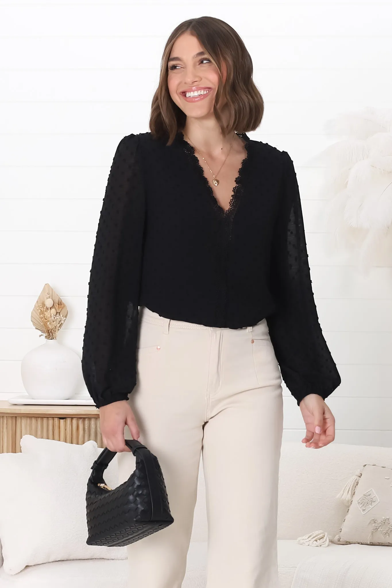 Imogen Blouse - V Neck Lace Trim Pull Over Blouse in Black sold by Salty Crush product image thumbnail 5