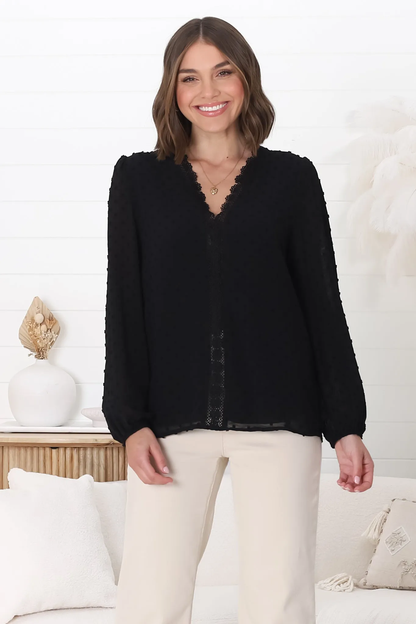 Imogen Blouse - V Neck Lace Trim Pull Over Blouse in Black sold by Salty Crush product image thumbnail 2
