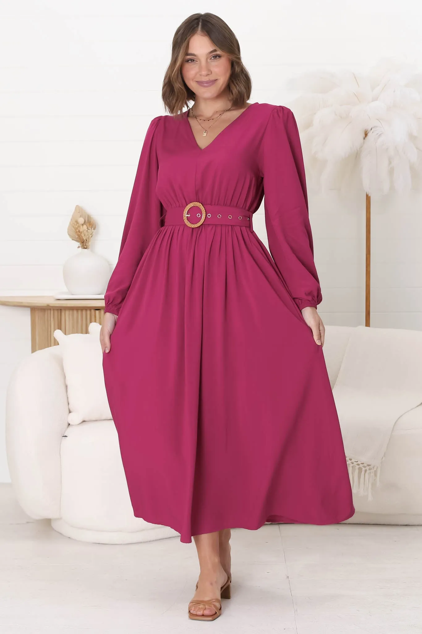 Lyna Midi Dress - A-Line Dress with Statement Rattan Buckle Belt in Magenta sold by Salty Crush product image thumbnail 3
