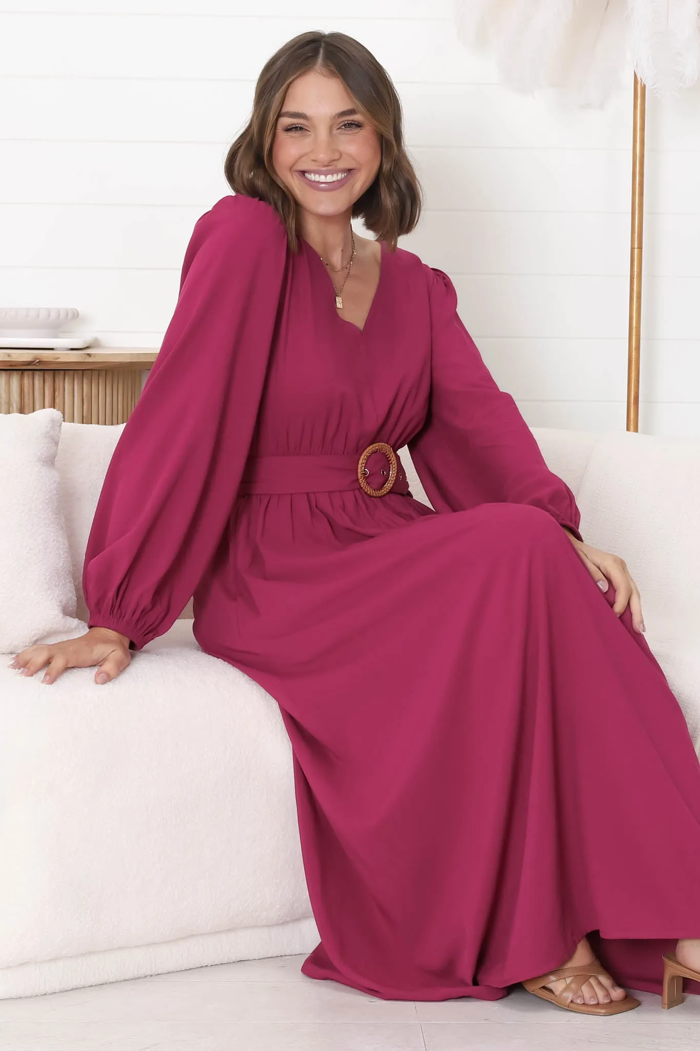 Lyna Midi Dress - A-Line Dress with Statement Rattan Buckle Belt in Magenta sold by Salty Crush product image thumbnail 5