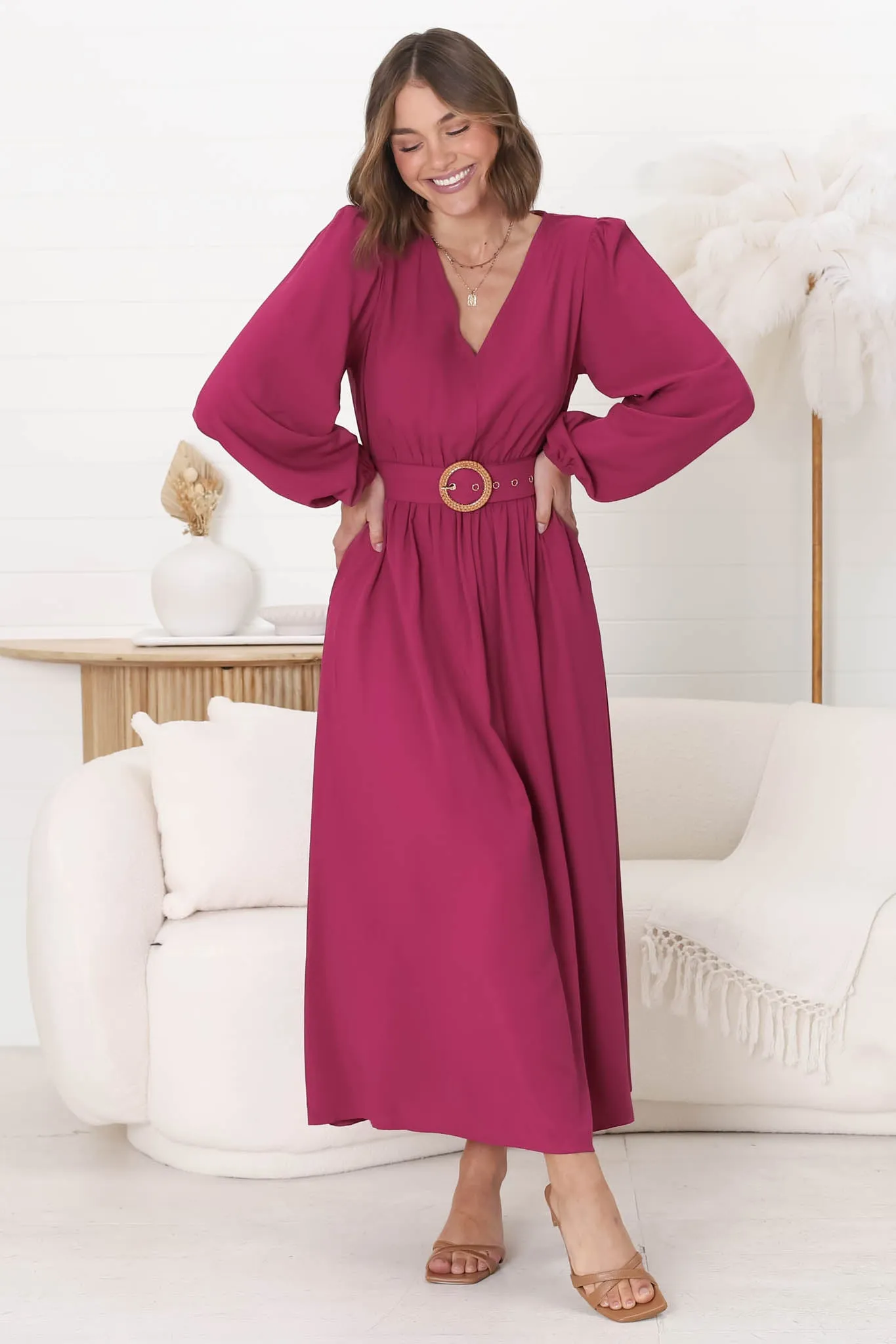 Lyna Midi Dress - A-Line Dress with Statement Rattan Buckle Belt in Magenta sold by Salty Crush product image thumbnail 2