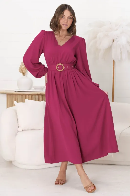 Lyna Midi Dress - A-Line Dress with Statement Rattan Buckle Belt in Magenta sold by Salty Crush