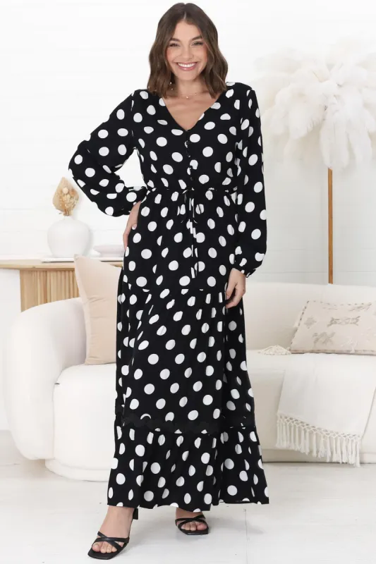 Beverly Maxi Dress - A-Line Dress with Rick Rack Splicing in Pippi Print Black sold by Salty Crush