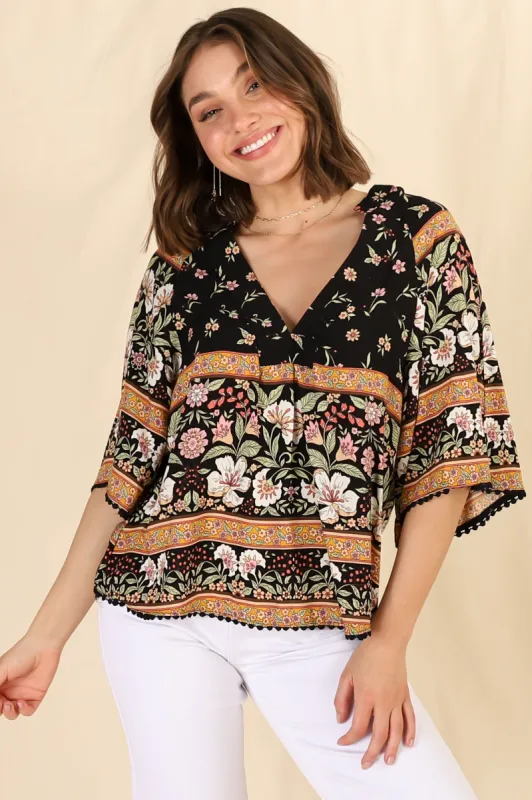 Gabriella Top - Mandarin Collar Deep V Neck Crochet Trim Top in Eternity Print sold by Salty Crush
