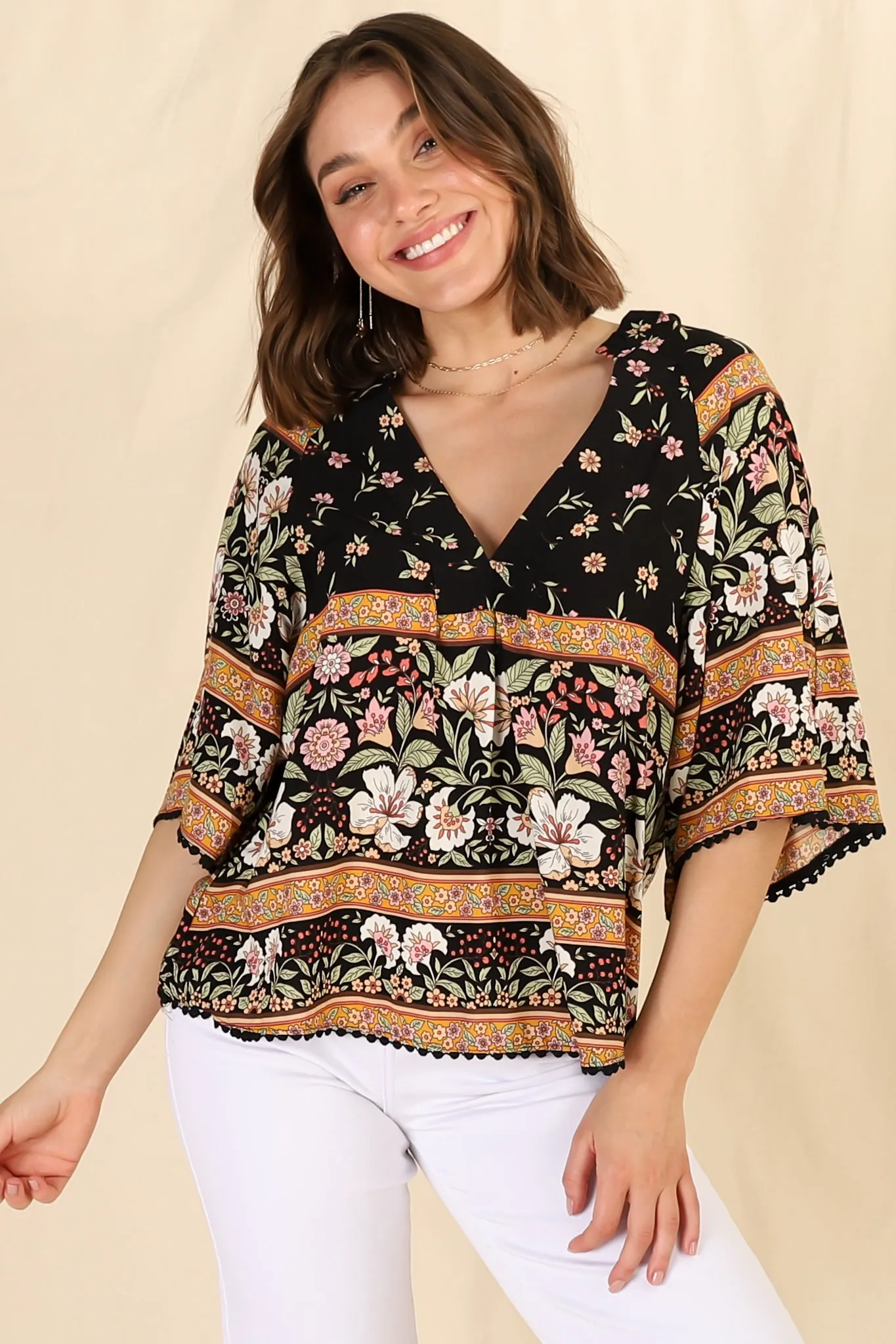 Gabriella Top - Mandarin Collar Deep V Neck Crochet Trim Top in Eternity Print sold by Salty Crush