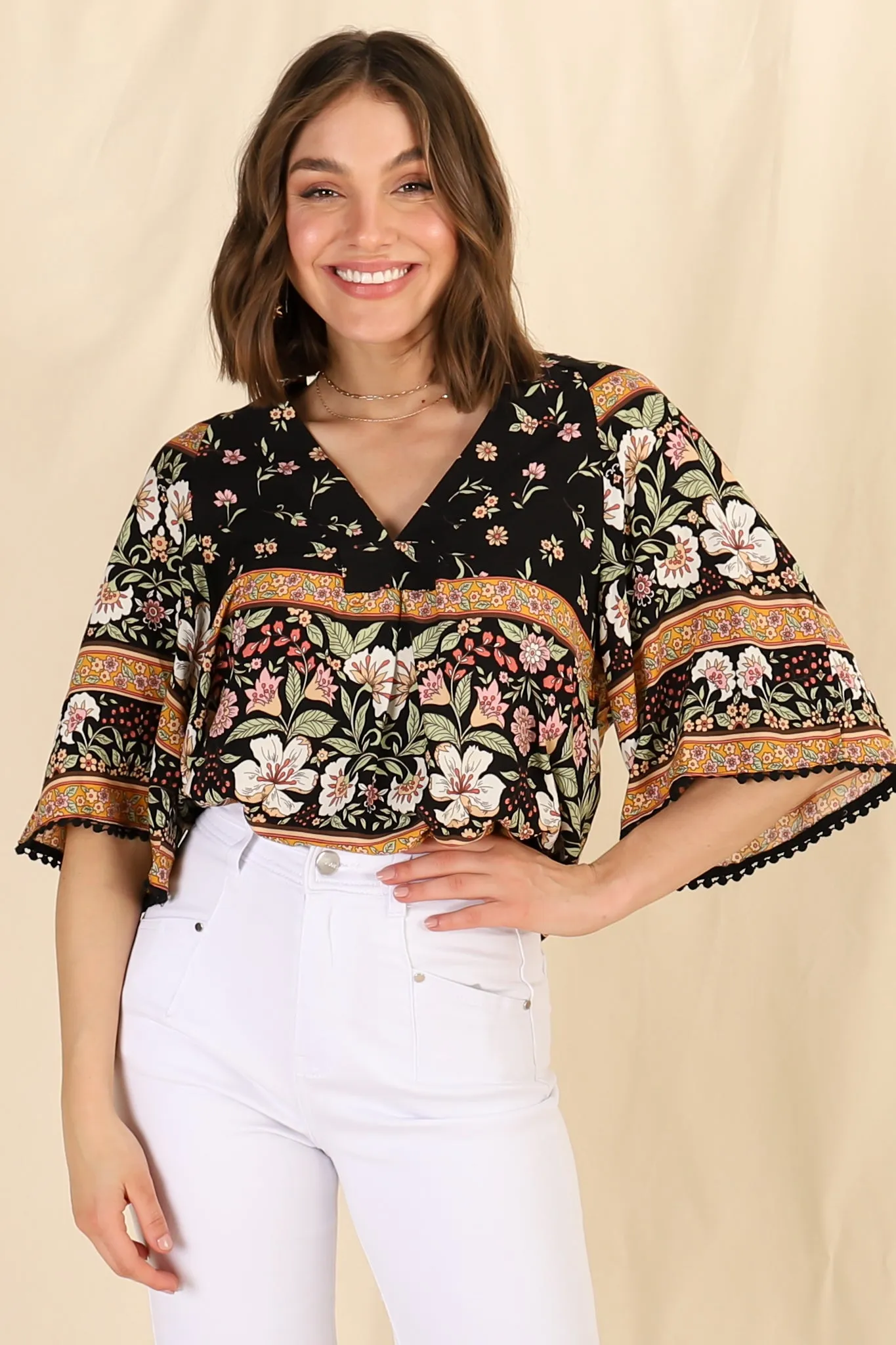 Gabriella Top - Mandarin Collar Deep V Neck Crochet Trim Top in Eternity Print sold by Salty Crush product image thumbnail 2
