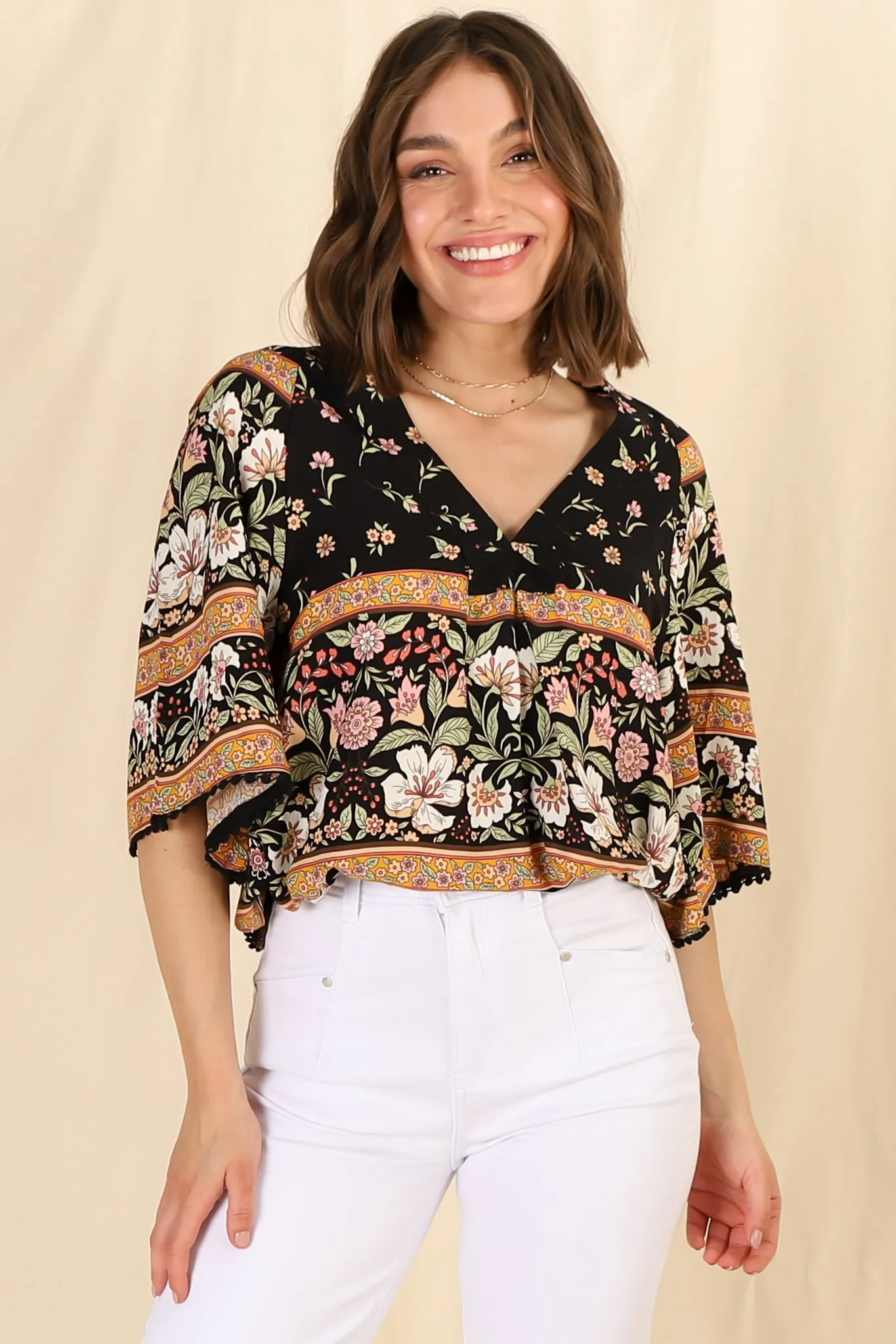 Gabriella Top - Mandarin Collar Deep V Neck Crochet Trim Top in Eternity Print sold by Salty Crush product image thumbnail 4