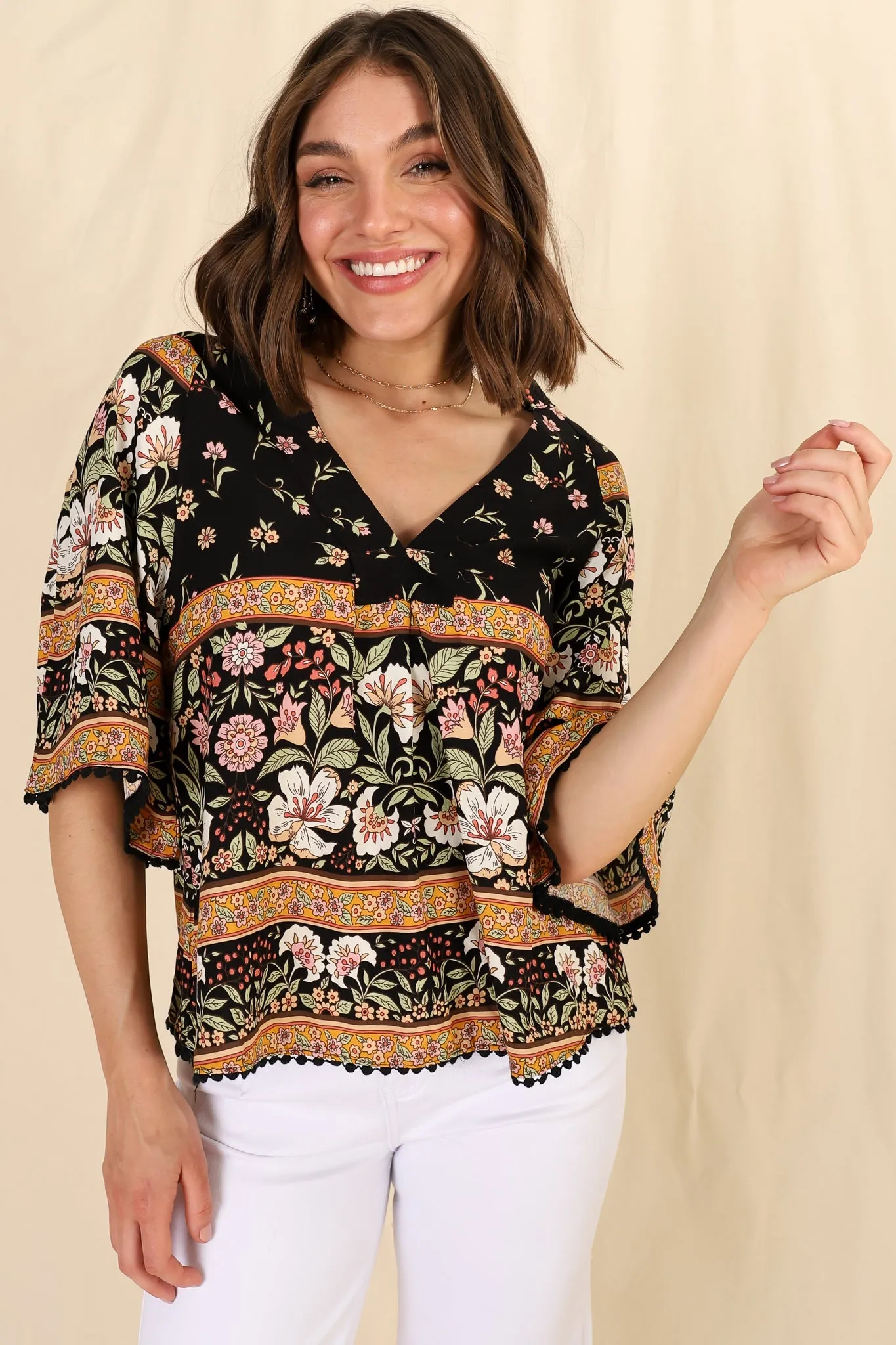 Gabriella Top - Mandarin Collar Deep V Neck Crochet Trim Top in Eternity Print sold by Salty Crush product image thumbnail 3
