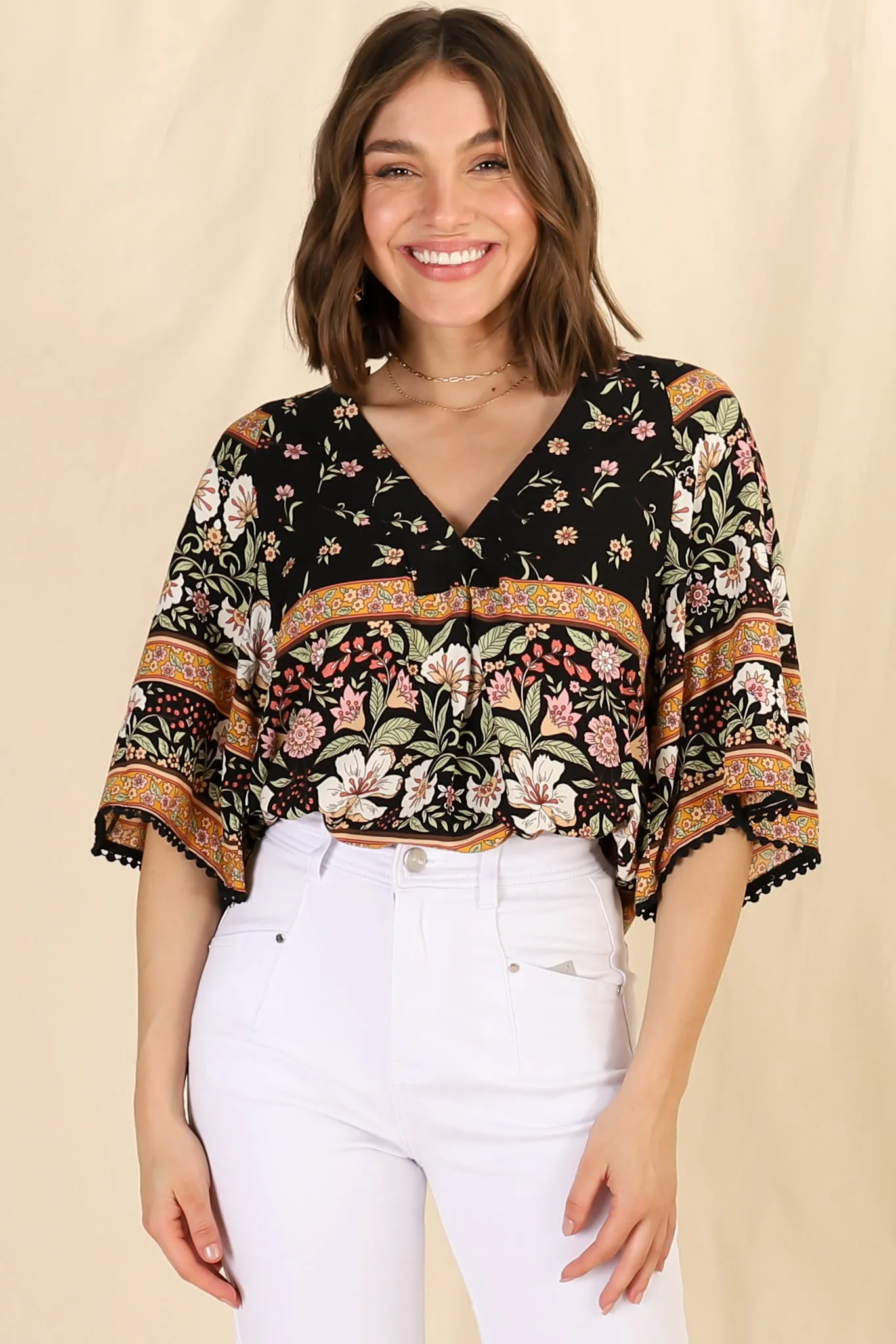 Gabriella Top - Mandarin Collar Deep V Neck Crochet Trim Top in Eternity Print sold by Salty Crush product image thumbnail 5