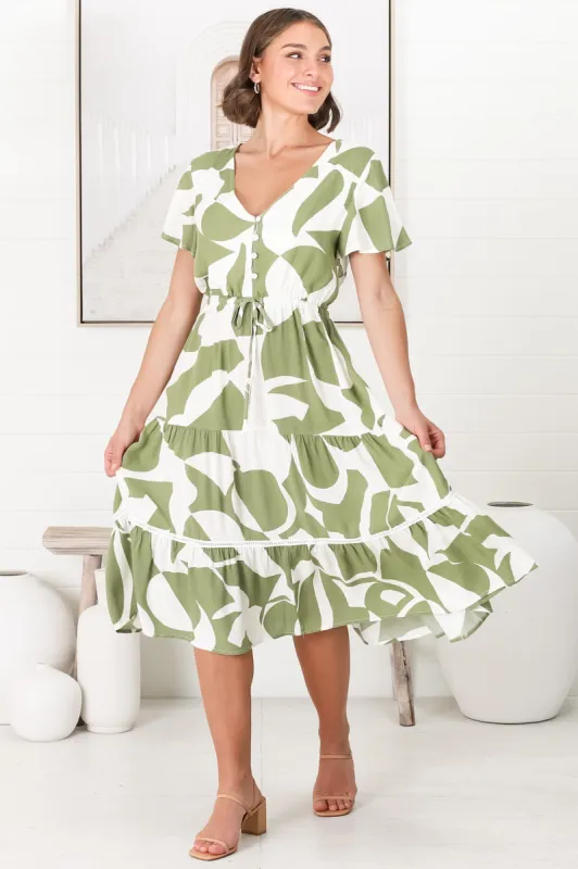 Rori Midi Dress - Buttoned Bodice Tiered Dress with Crochet Splicing in Azira Print Kiwi sold by Salty Crush