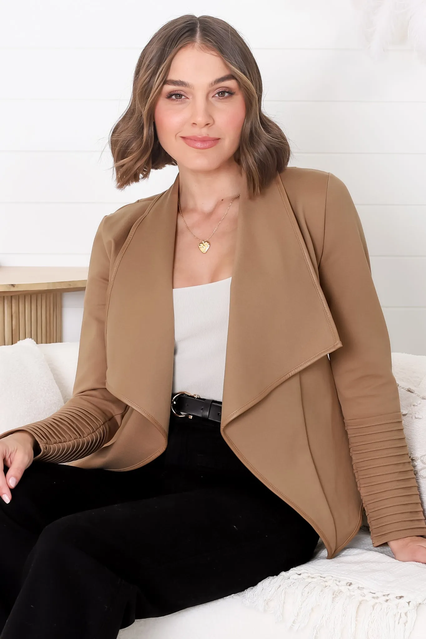 Marlyn Jacket - Faux Leather Trim Lapel Collar Jacket with Pintuck Detailed Sleeves in Camel sold by Salty Crush product image thumbnail 2