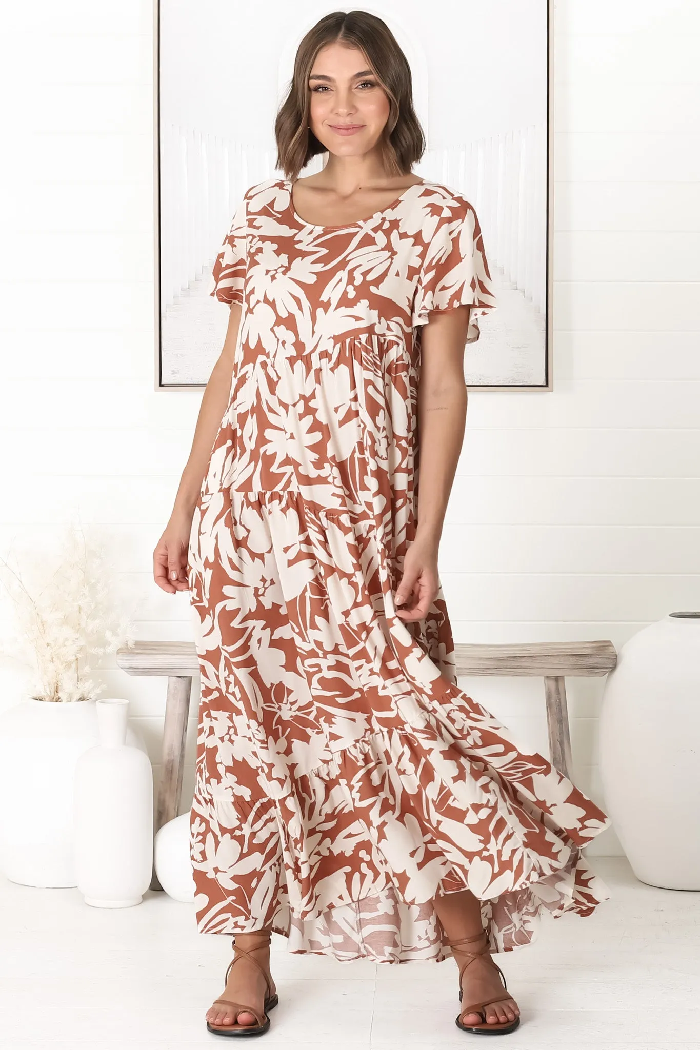 Allegra Midi Dress - Relaxed Asymmetric Tiered Smock Dress in Charis Print Rust sold by Salty Crush product image thumbnail 3