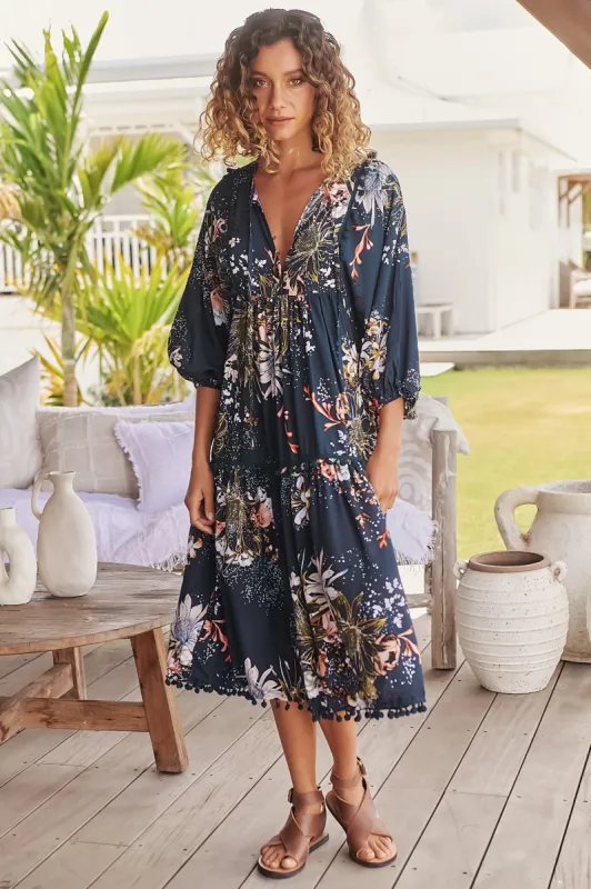 Palace Midi Dress - Pom Pom Spliced Batwing Sleeve Dress with Neck Tie in Indigo Print sold by Salty Crush