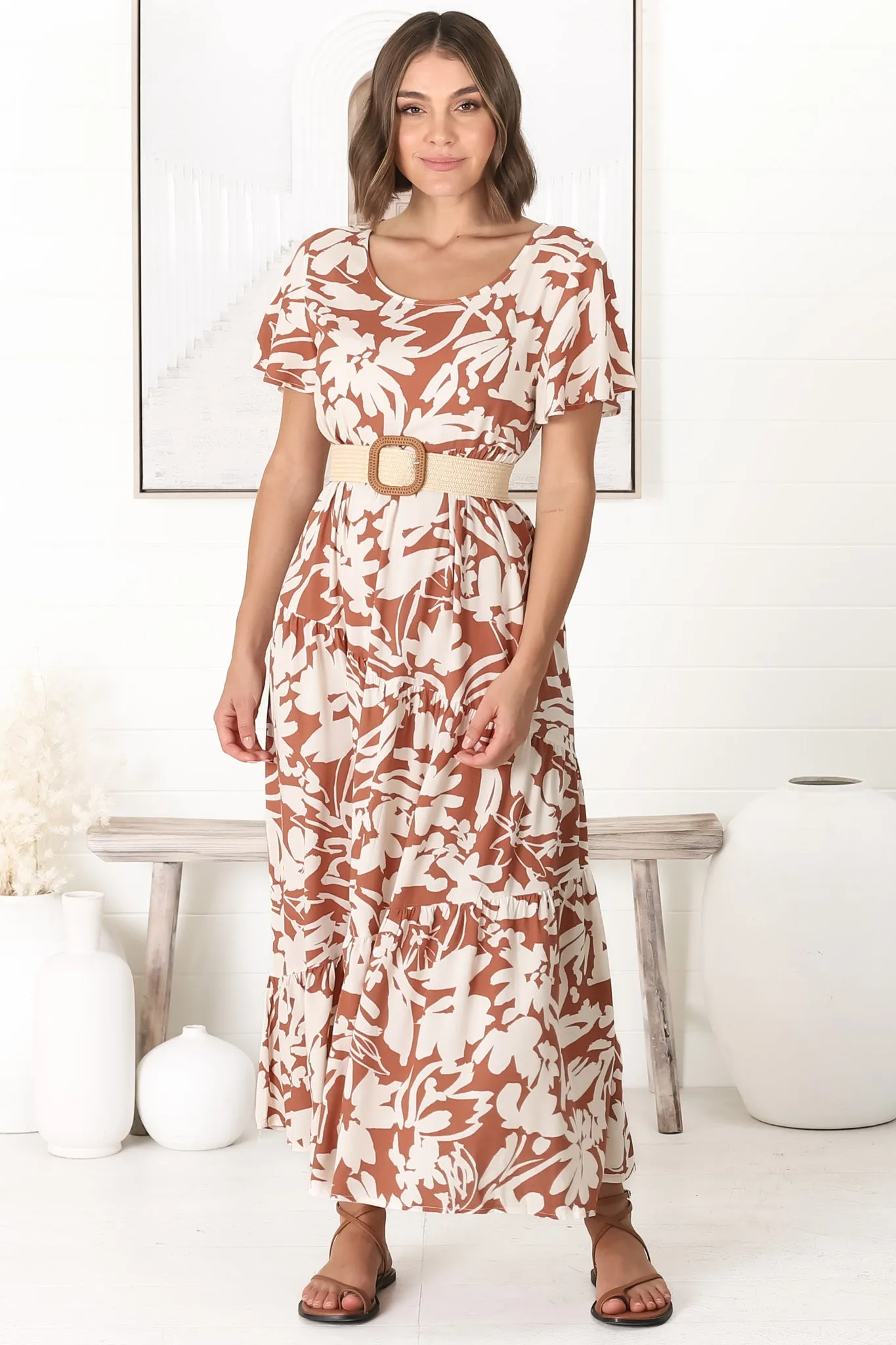 Allegra Midi Dress - Relaxed Asymmetric Tiered Smock Dress in Charis Print Rust sold by Salty Crush product image thumbnail 5