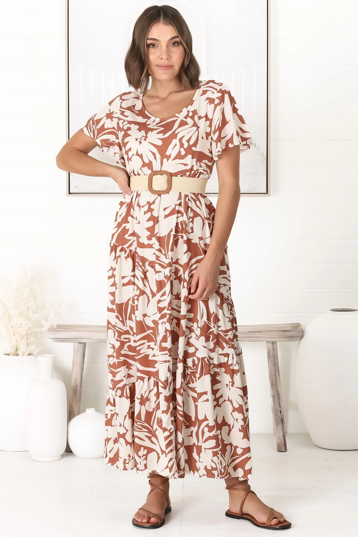 Allegra Midi Dress - Relaxed Asymmetric Tiered Smock Dress in Charis Print Rust sold by Salty Crush product image thumbnail 2