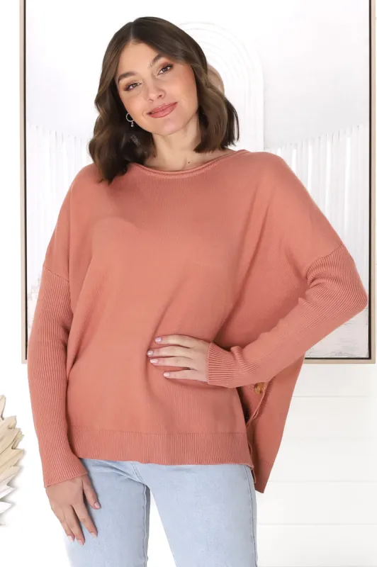 Lorna Jumper - Crew Neck Batwing Sleeve Jumper with Buttons in Peach sold by Salty Crush
