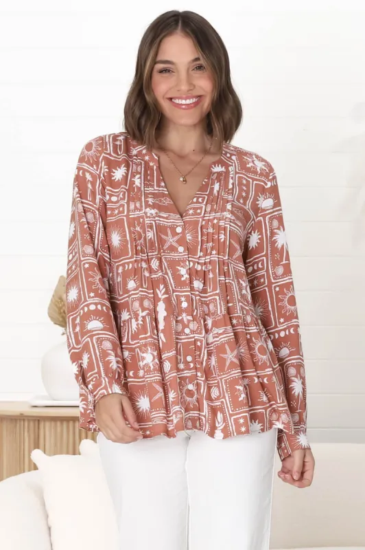 Lynn Blouse - Button Down Smock Top with Long Cuffed Sleeves in Cailan Print Rust sold by Salty Crush