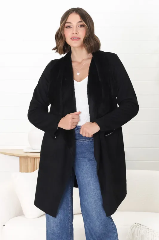 Devenish Jacket - Faux Fur Lined Suede-Like Waterfall Jacket in Black sold by Salty Crush