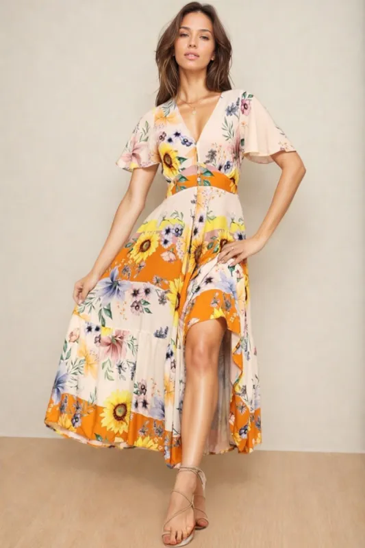 Libby Maxi Dress - Flutter Cap Sleeve Button Waist Detailed A Line Dress in Floral Tansy Print sold by Salty Crush