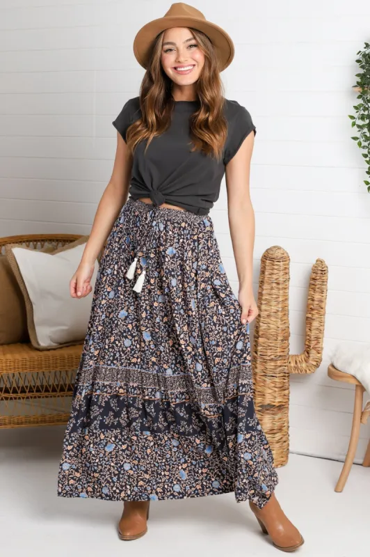 Delany Maxi Skirt - High Waisted Skirt with Tassel Waist Tie and Front Splits in Floral Print sold by Salty Crush