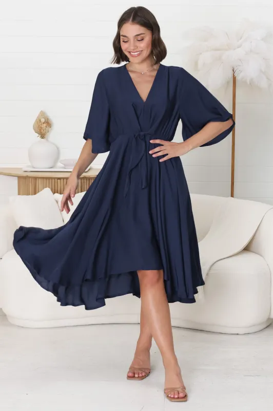 Satina Midi Dress - A Line Dress with Bell Sleeves in Navy sold by Salty Crush