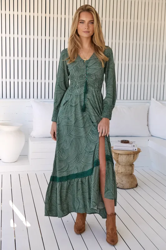 JAASE - Sabrina Maxi Dress: A Line Button Through Dress with Long Sleeves in Ishana Print sold by Salty Crush