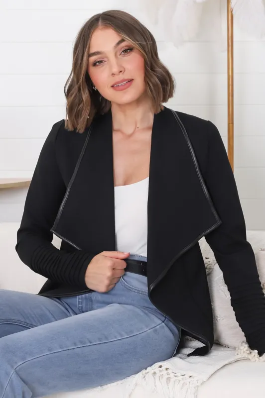 Marlyn Jacket - Faux Leather Trim Lapel Collar Jacket with Pintuck Detailed Sleeves in Black sold by Salty Crush
