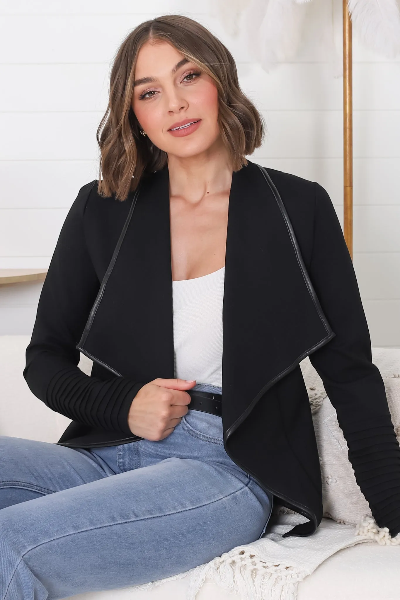 Marlyn Jacket - Faux Leather Trim Lapel Collar Jacket with Pintuck Detailed Sleeves in Black sold by Salty Crush