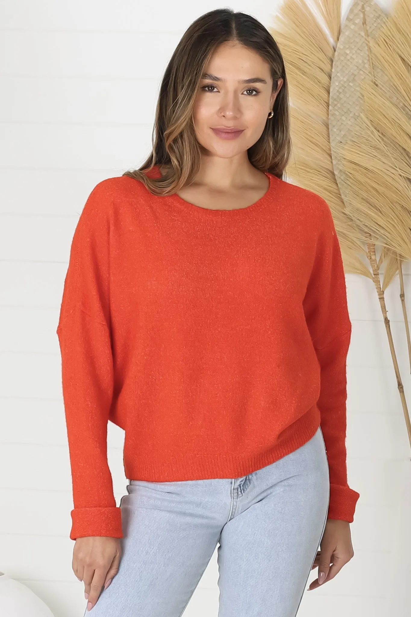 Joanne Knit Top - Crew Neckline Bat Wing Long Sleeve Top in Orange sold by Salty Crush product image thumbnail 4