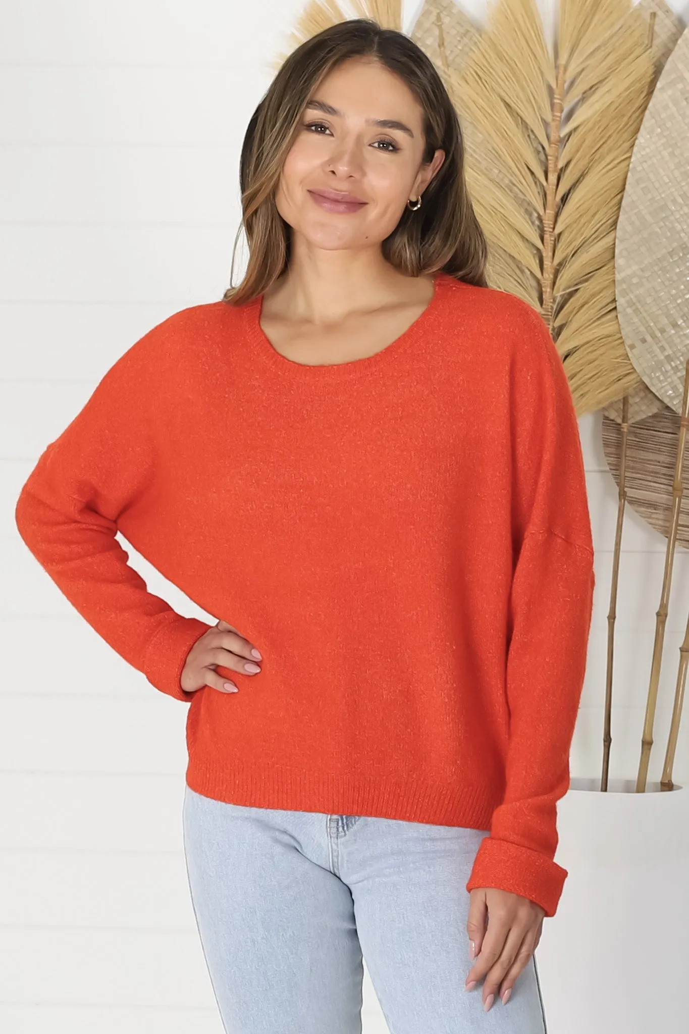 Joanne Knit Top - Crew Neckline Bat Wing Long Sleeve Top in Orange sold by Salty Crush