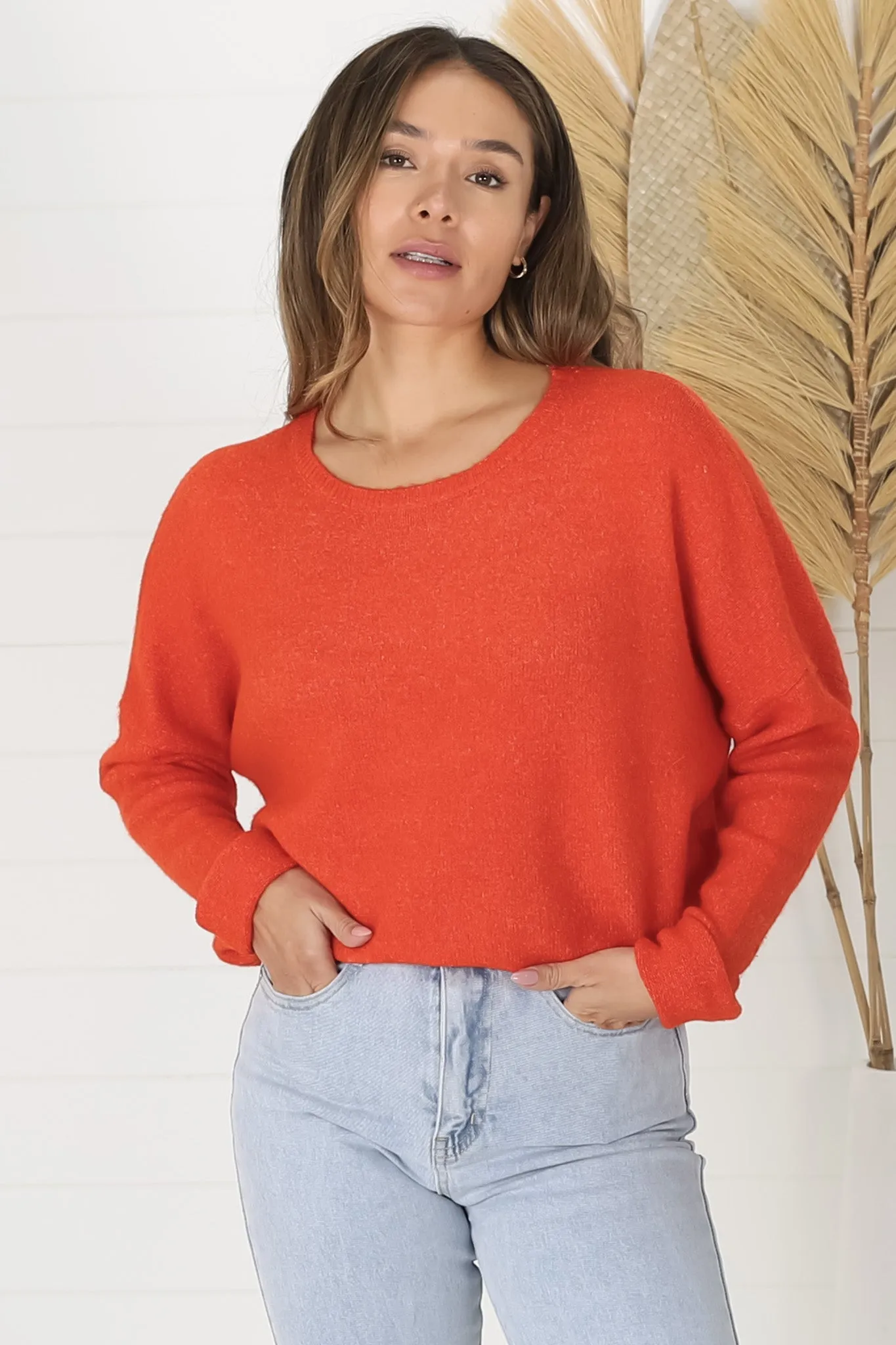 Joanne Knit Top - Crew Neckline Bat Wing Long Sleeve Top in Orange sold by Salty Crush product image thumbnail 5