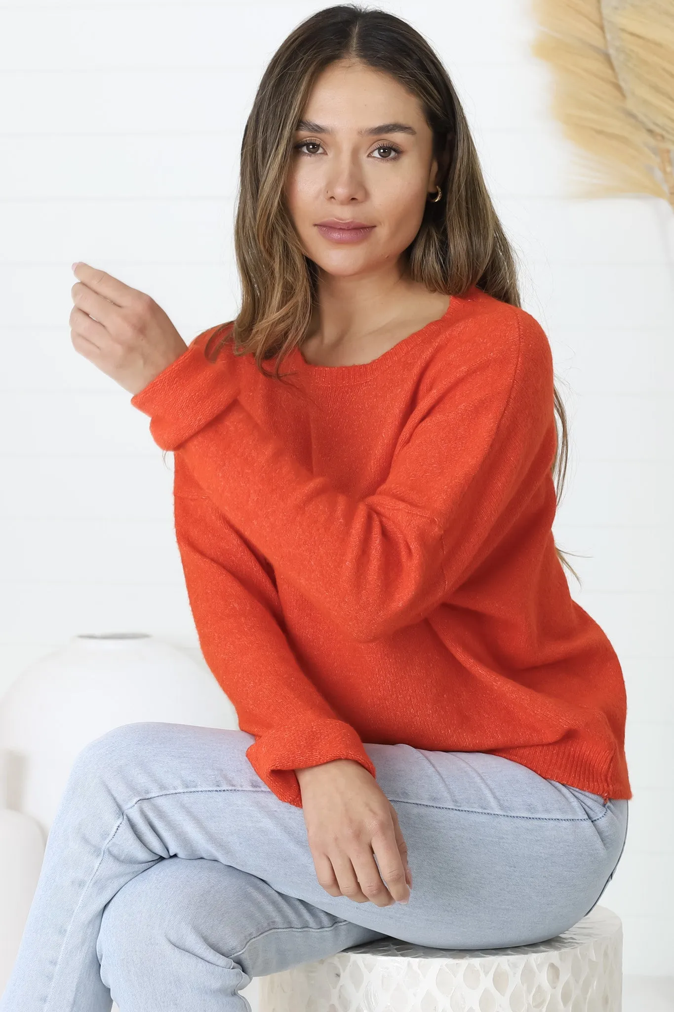 Joanne Knit Top - Crew Neckline Bat Wing Long Sleeve Top in Orange sold by Salty Crush product image thumbnail 2