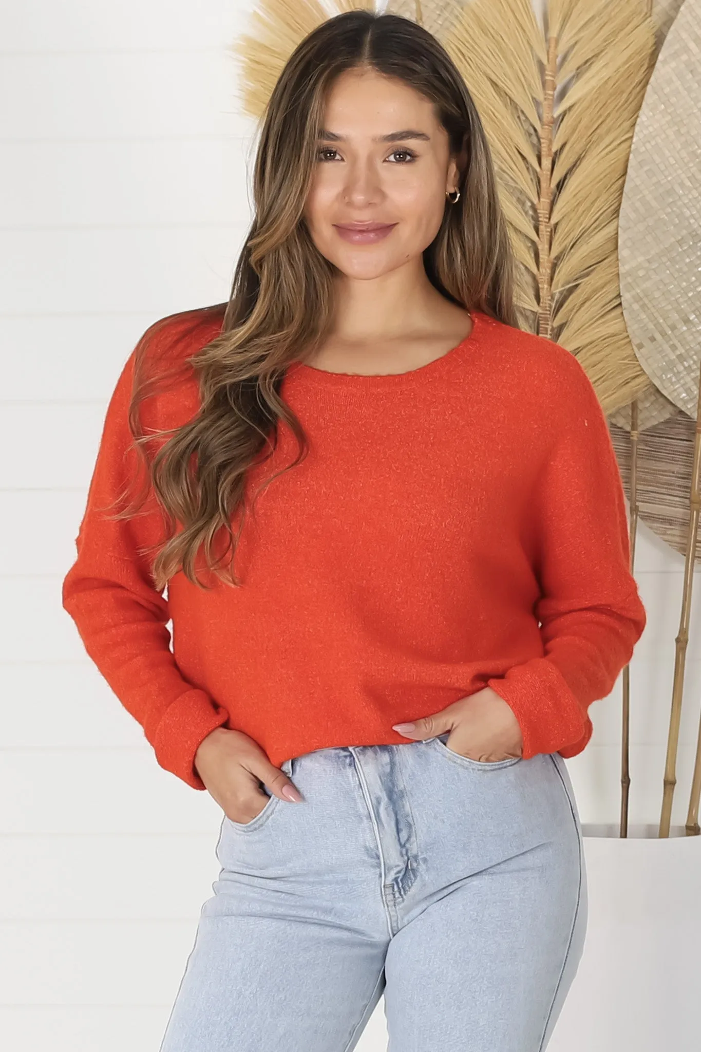 Joanne Knit Top - Crew Neckline Bat Wing Long Sleeve Top in Orange sold by Salty Crush product image thumbnail 3