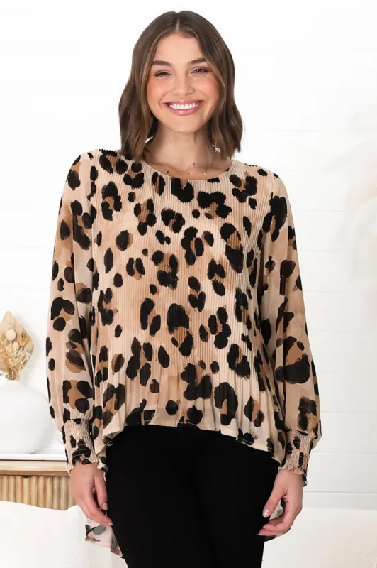 Kayt Blouse - Plisse Long Sleeve Top with High-Low Hemline in Tibbi Print sold by Salty Crush
