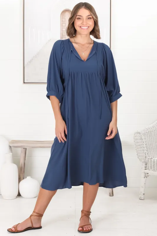 Mariah Midi Dress - V Neck Smock Dress with Batwing Sleeves in Navy sold by Salty Crush