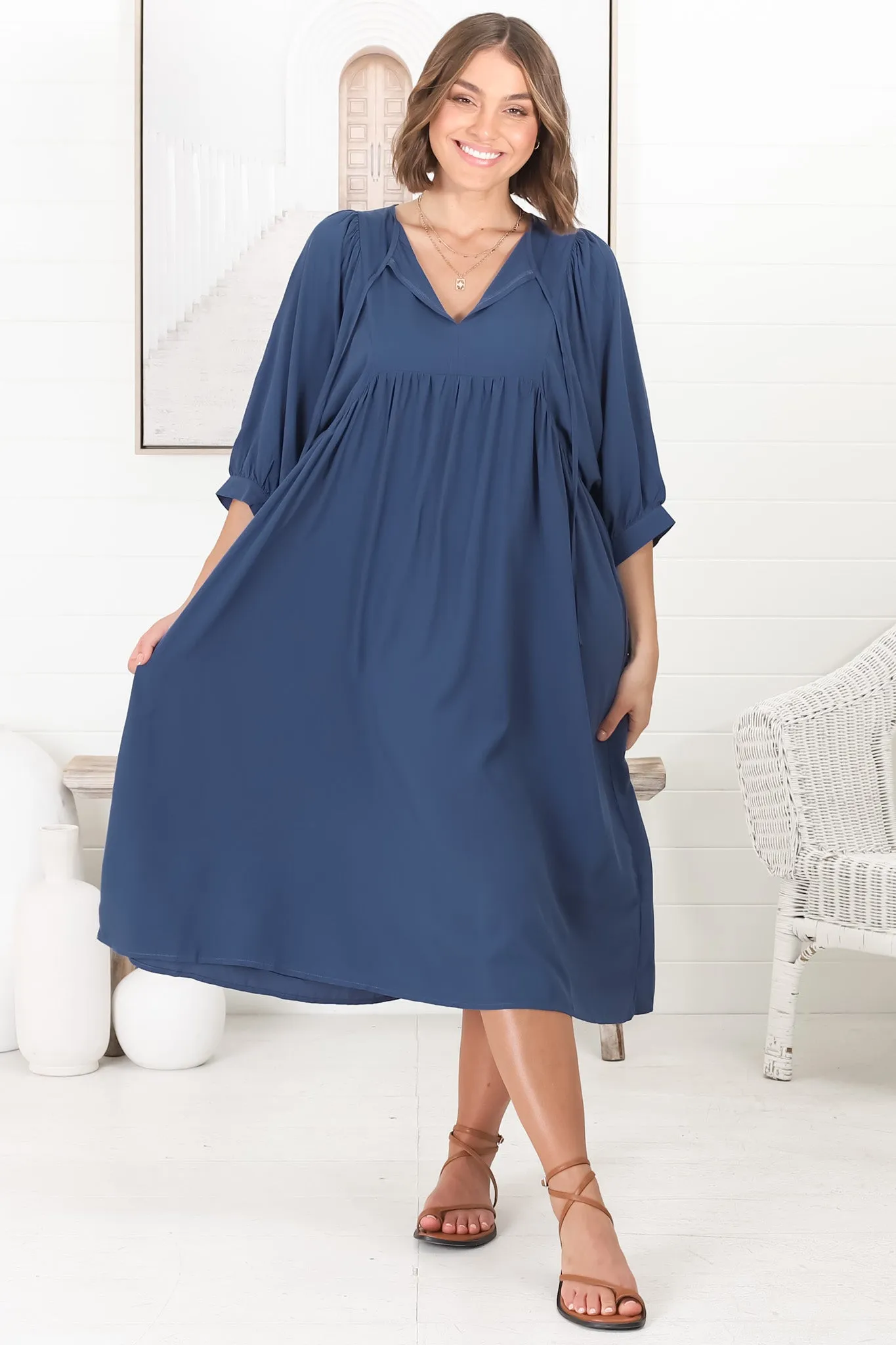Mariah Midi Dress - V Neck Smock Dress with Batwing Sleeves in Navy sold by Salty Crush product image thumbnail 4