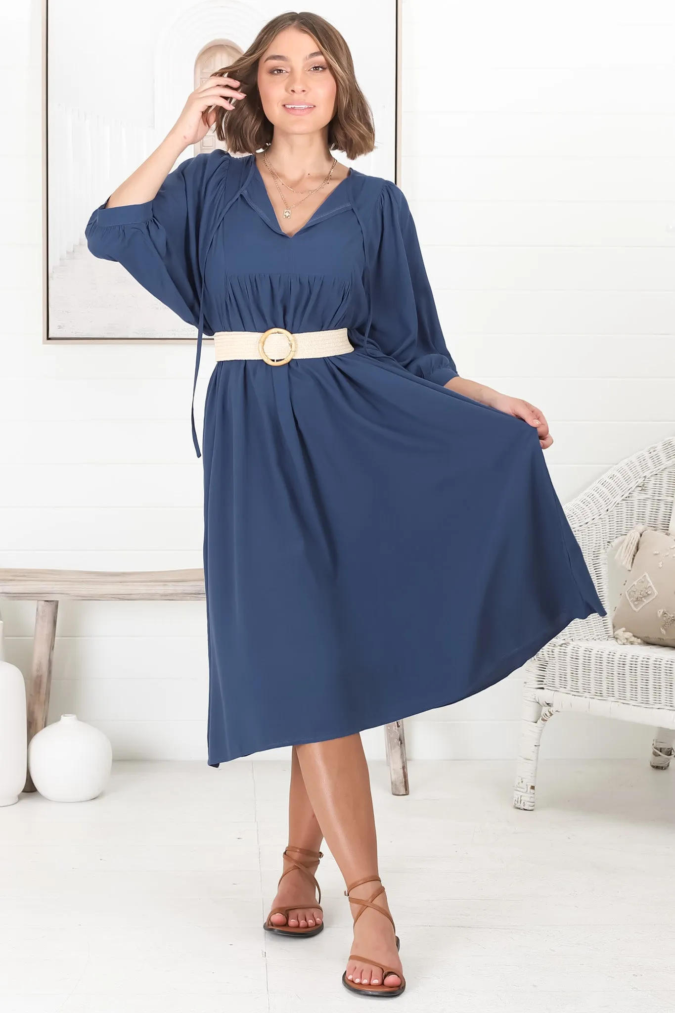 Mariah Midi Dress - V Neck Smock Dress with Batwing Sleeves in Navy sold by Salty Crush product image thumbnail 5