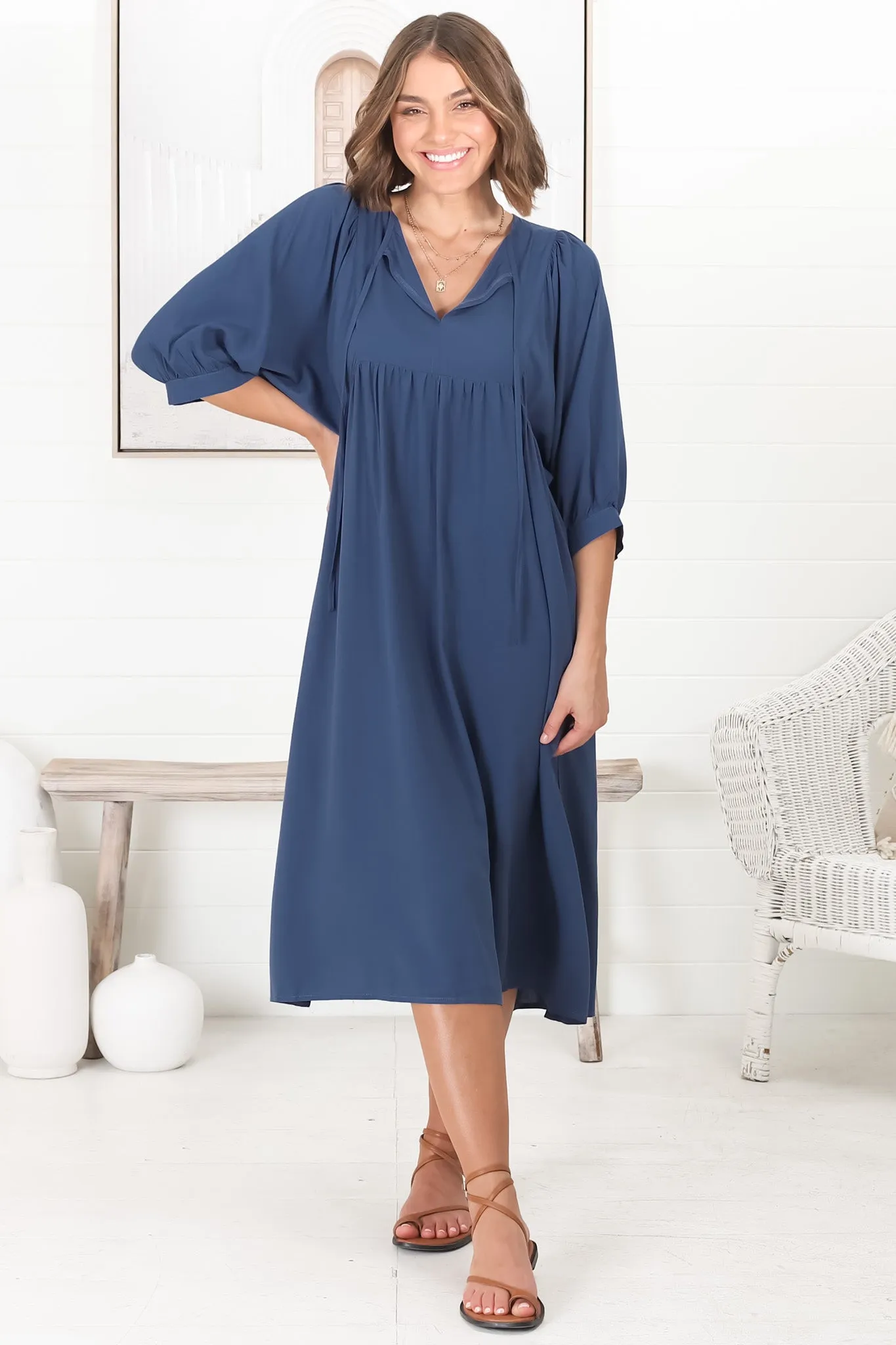 Mariah Midi Dress - V Neck Smock Dress with Batwing Sleeves in Navy sold by Salty Crush product image thumbnail 2