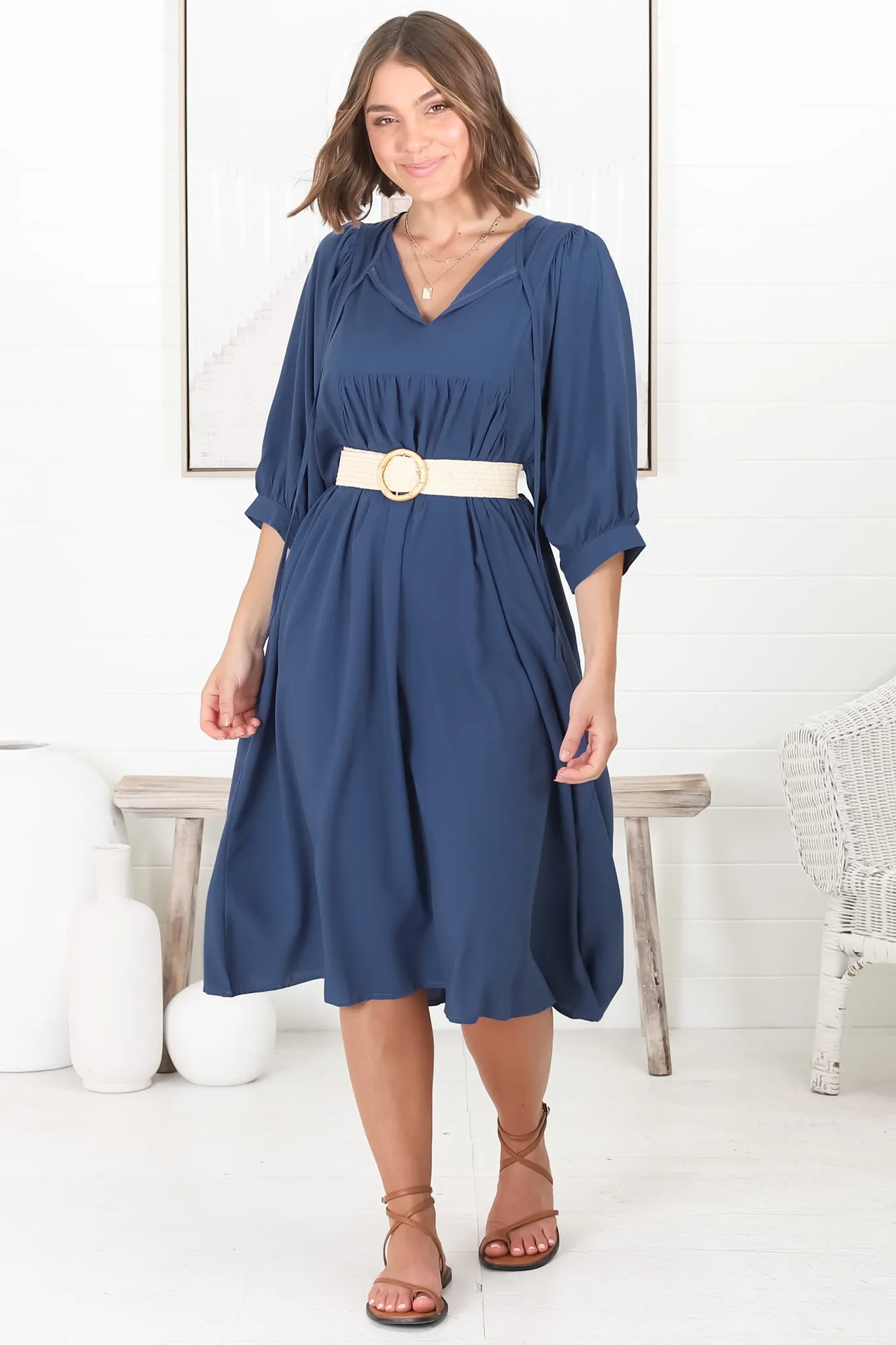 Mariah Midi Dress - V Neck Smock Dress with Batwing Sleeves in Navy sold by Salty Crush product image thumbnail 3