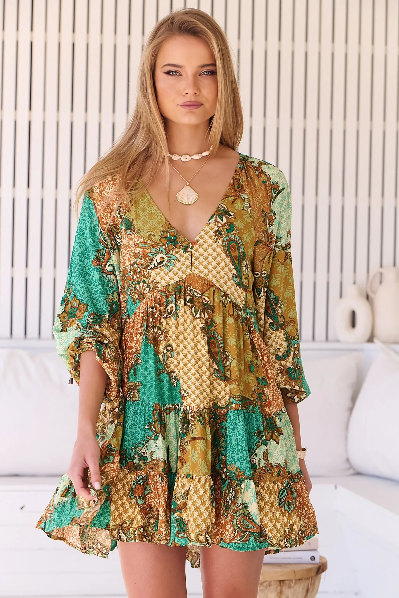 JAASE - Jaz Mini Dress: V Neckline Bias Cut Tiered Dress in Wanderlust Print sold by Salty Crush product image thumbnail 4