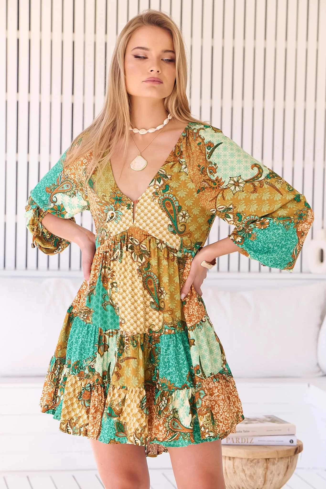 JAASE - Jaz Mini Dress: V Neckline Bias Cut Tiered Dress in Wanderlust Print sold by Salty Crush product image thumbnail 5