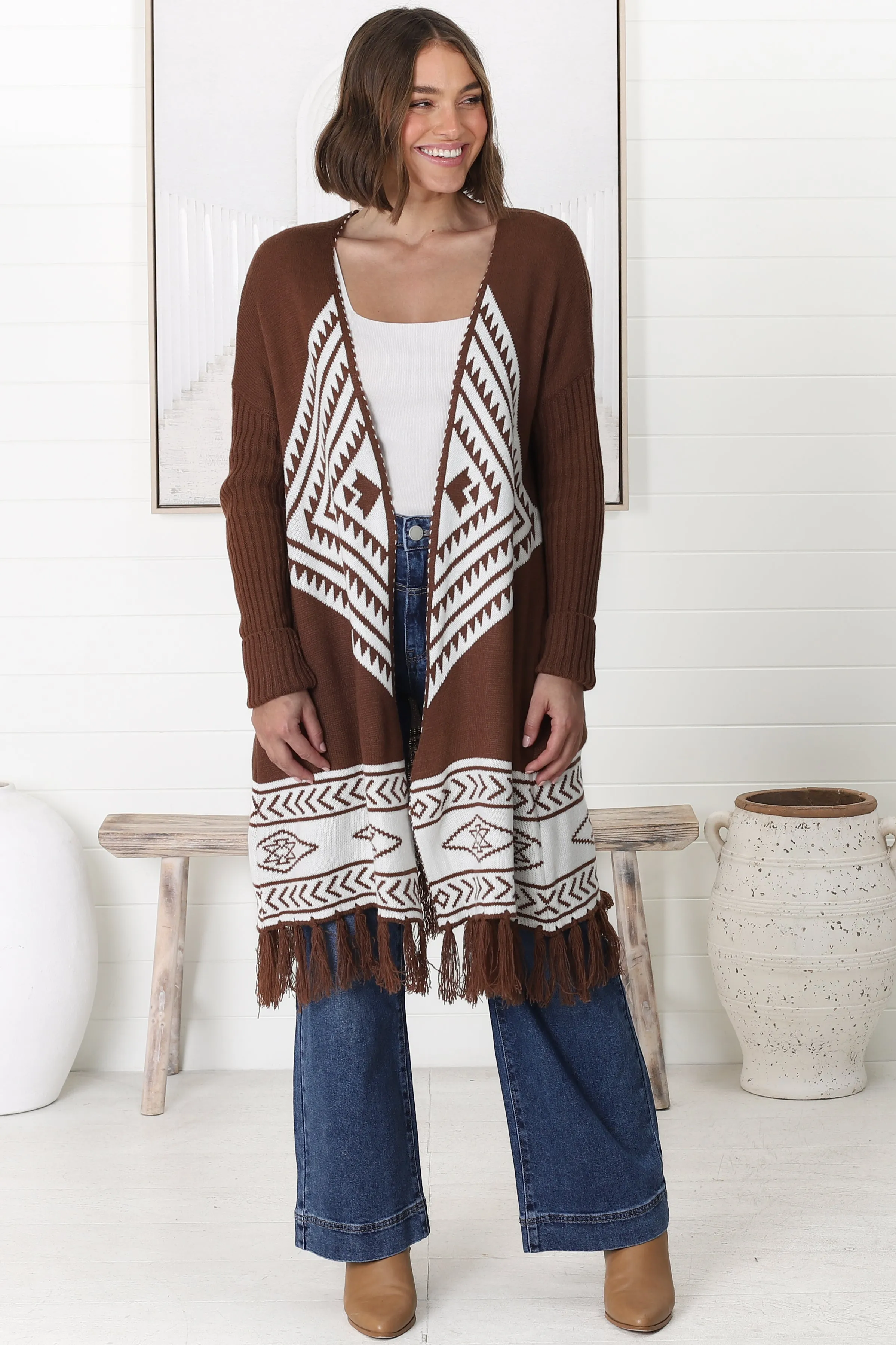 Amos Cardigan - Open Front Cardigan with Tassel Hem in Brown sold by Salty Crush product image thumbnail 4