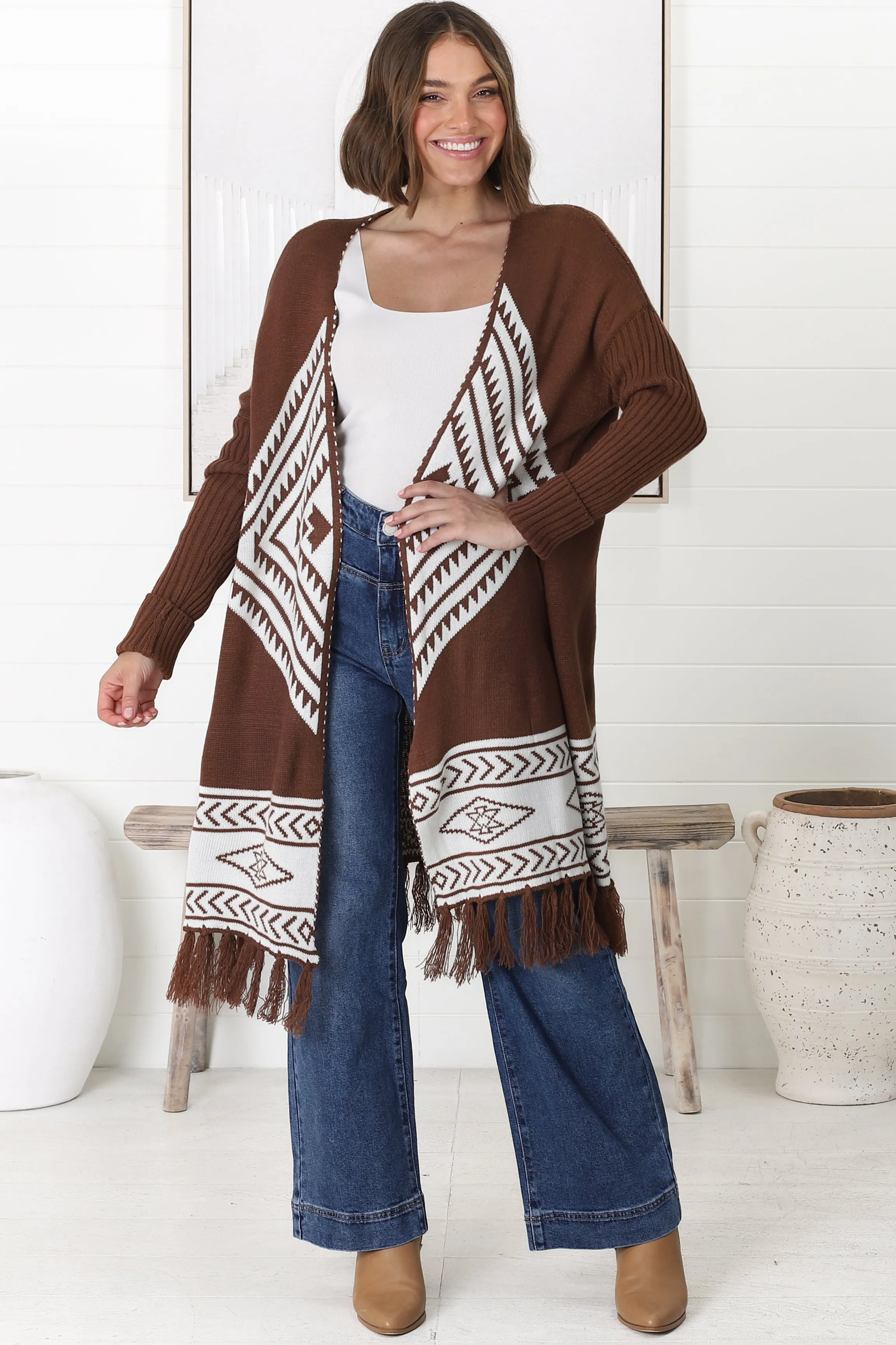 Amos Cardigan - Open Front Cardigan with Tassel Hem in Brown sold by Salty Crush