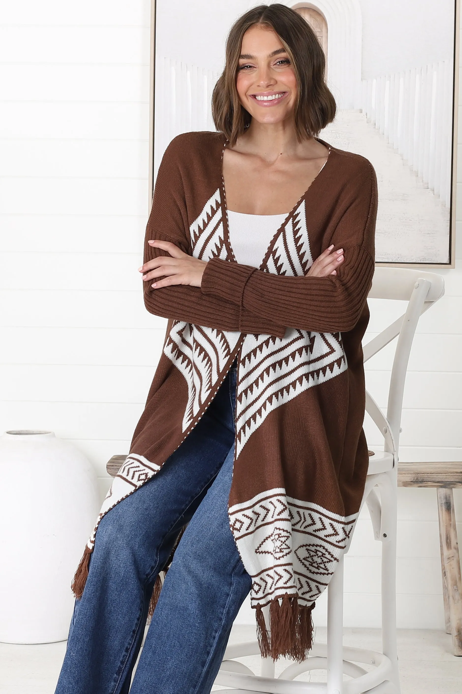 Amos Cardigan - Open Front Cardigan with Tassel Hem in Brown sold by Salty Crush product image thumbnail 5