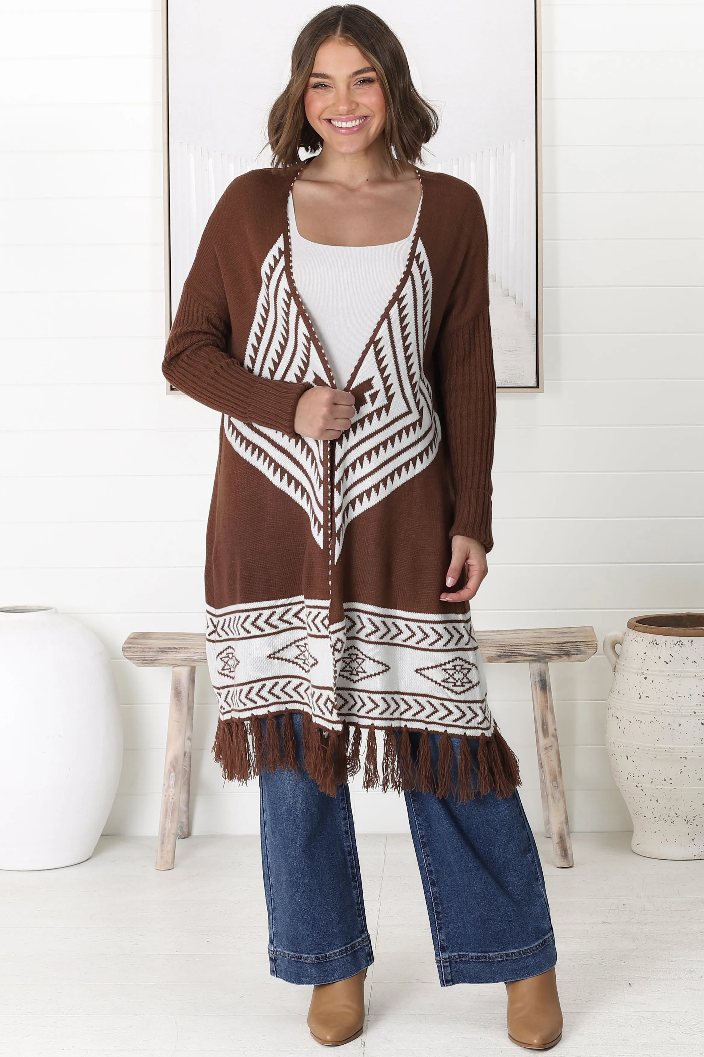 Amos Cardigan - Open Front Cardigan with Tassel Hem in Brown sold by Salty Crush product image thumbnail 2