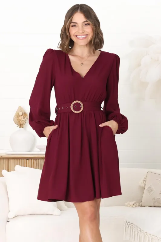 Lyna Mini Dress - A Line Dress with Statement Rattan Buckle Belt in Wine sold by Salty Crush