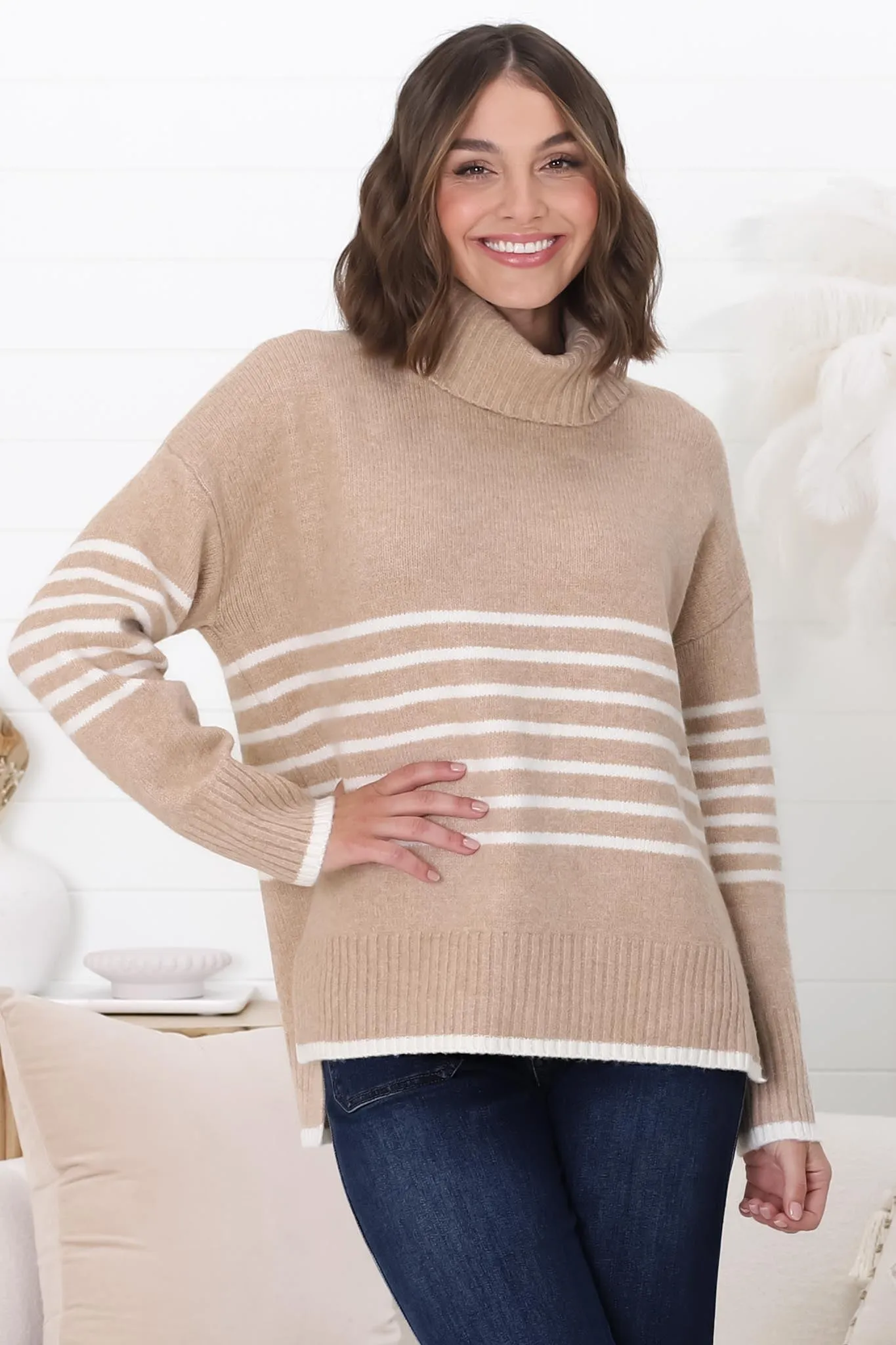 Emmett Jumper - Turtle Neck Stripe Pull Over Jumper with Stripes in Camel sold by Salty Crush product image thumbnail 3